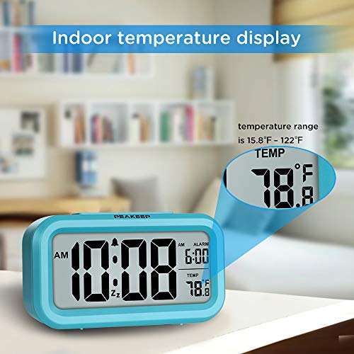Peakeep Night Light Digital Alarm Clock Battery Operated with Indoor Temperature, Desk Small Clock (Blue) - Image 4