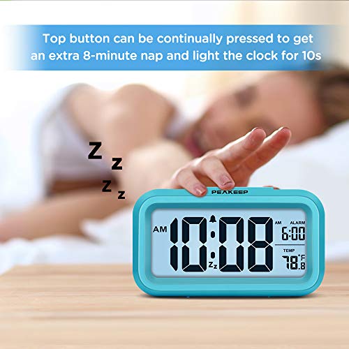 Peakeep Night Light Digital Alarm Clock Battery Operated with Indoor Temperature, Desk Small Clock (Blue) - Image 3