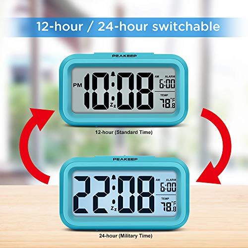 Peakeep Night Light Digital Alarm Clock Battery Operated with Indoor Temperature, Desk Small Clock (Blue) - Image 5