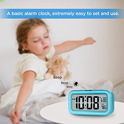 Peakeep Night Light Digital Alarm Clock Battery Operated with Indoor Temperature, Desk Small Clock (Blue) - Image 2