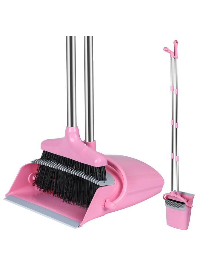 Eleckey Pink Broom and Dustpan Set, Broom with Dustpan Combo Set for Home Office Kitchen(Pink) - Image 1