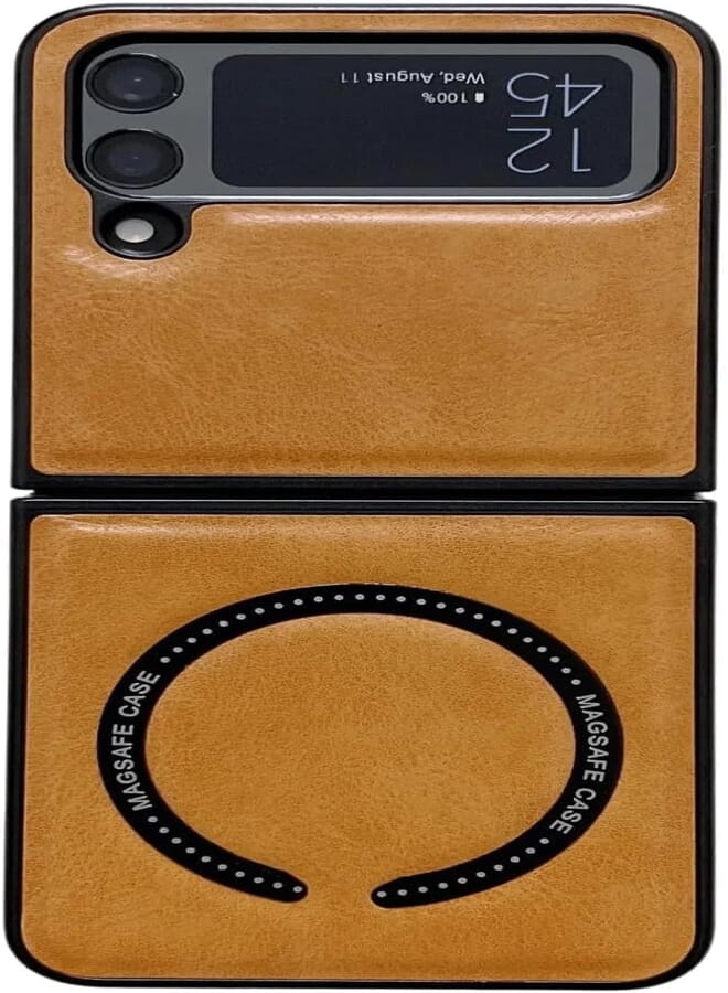 Next Next store Compatible with Galaxy Z Flip 4 Premium PU Leather Case [Support Magsafe] Wireless Charging for Samsung Galaxy Z Flip 4 - (Yellow)