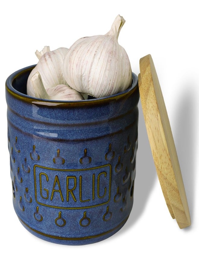 GDCZ Garlic Keeper with Lid, Ceramic Garlic Holder Storage Container to Keep Your Garlic Cloves Fresh Longer, 4.3 Inch (Blue) - Image 1
