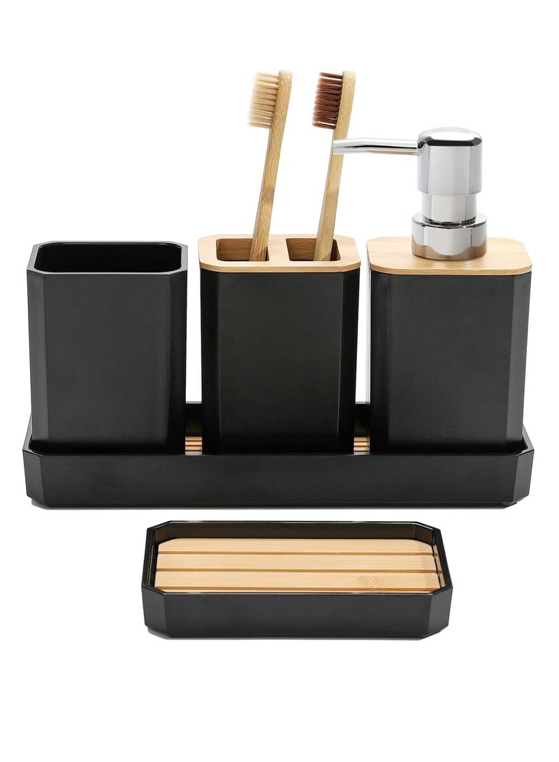 Relex Bathroom Accessories Set, 5 Pcs Bathroom Accessory Gift Set, Soap Dispenser, Soap Dish, Toothbrush Holder, Toothbrush Cup, Vanity Tray, Boho, Modern Bathroom Decor (Black) - Image 1