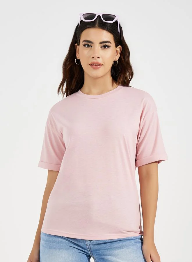Take Two Drop Shoulder Turn Up Sleeves Solid T-Shirt