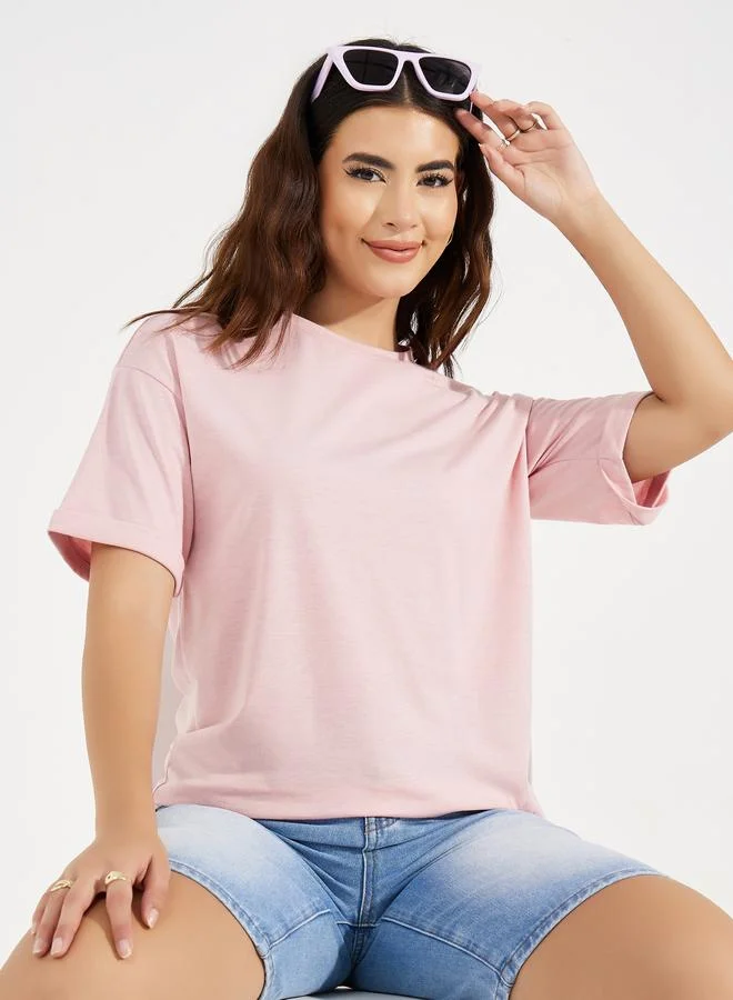 Take Two Drop Shoulder Turn Up Sleeves Solid T-Shirt