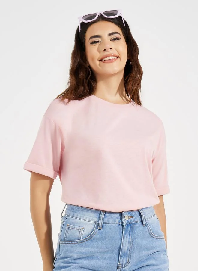 Take Two Drop Shoulder Turn Up Sleeves Solid T-Shirt