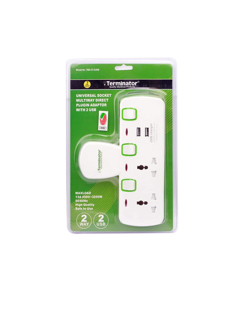 Terminator TERMINATOR 2 WAY UNIVERSAL T SOCKET WITH 2USB 2.1Ah INDIVIDUAL SWITCH AND INDICATOR WITH FUSED IN WHITE COLOR TMA 2T-2USB  - Image 1