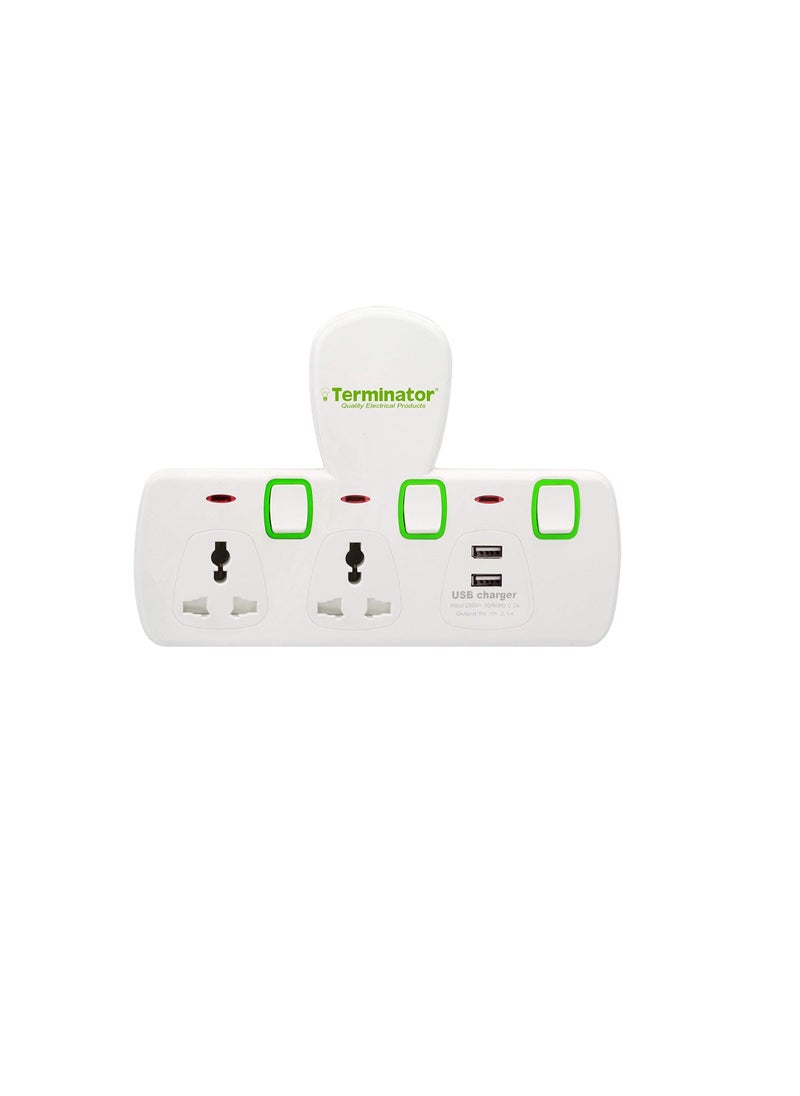Terminator TERMINATOR 2 WAY UNIVERSAL T SOCKET WITH 2USB 2.1Ah INDIVIDUAL SWITCH AND INDICATOR WITH FUSED IN WHITE COLOR TMA 2T-2USB  - Image 2