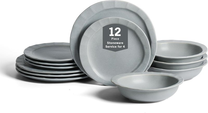 Stone Lain Oasis 12Piece Dinnerware Set Stoneware Dishwasher and Microwave Safe Plates and Bowls Set Dish Set for 4 Grey Blue - Image 1