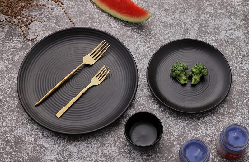 Crock Comforts Ceramic Handmade Handcrafted Stoneware Black Matte Dinner Set of 13 Pieces1 Plate10inch1 Quarter Plate7inch 1 Dessert Bowl2inchDishwasher Microwave SafeBQP01 - Image 1