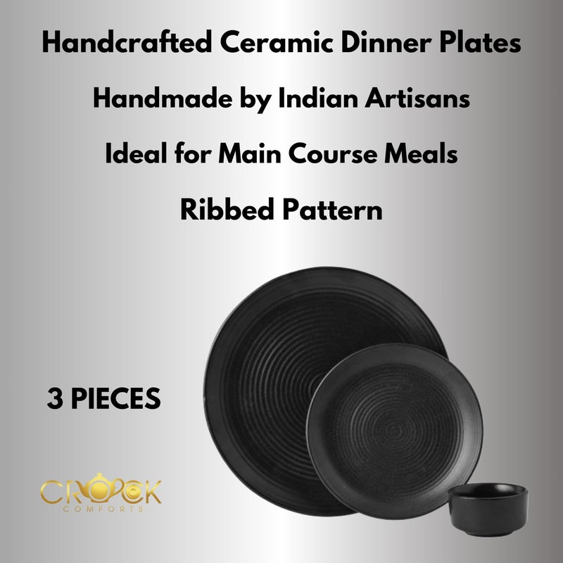 Crock Comforts Ceramic Handmade Handcrafted Stoneware Black Matte Dinner Set of 13 Pieces1 Plate10inch1 Quarter Plate7inch 1 Dessert Bowl2inchDishwasher Microwave SafeBQP01 - Image 4