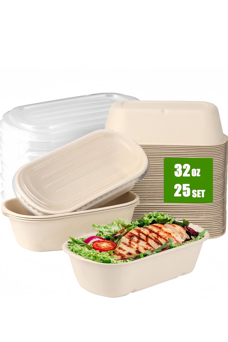 علب طعام ورقية بغطاء، 25 قطعة أوعية كبيرة 32 أونصة للتقديم والتيك اواي وتغليف الطعام - Image 1
