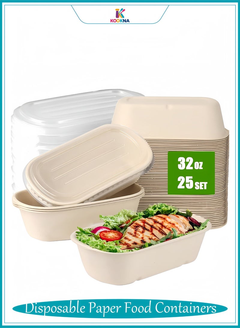 KOOKNA Disposable Paper Food Containers with Lids, 25 Pack Large Meal Prep Boxes 32oz Deep Paper Bowls for Takeout and Food Packaging - Image 1