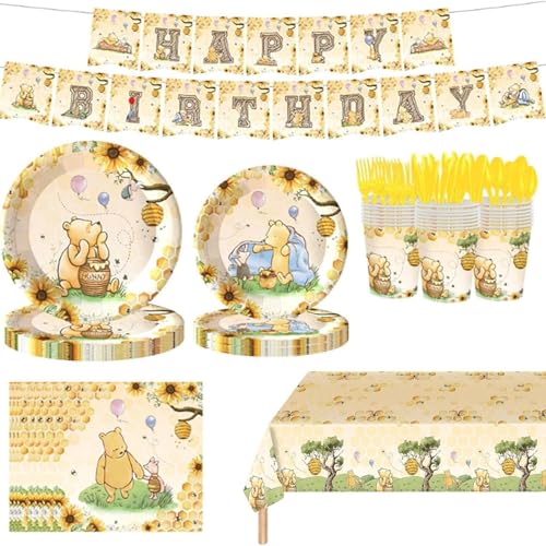 WISSLERMER 142pcs Classic Bear Baby Shower Decorations Baby Shower Party Tableware with Plates Napkin Forks Cups Banner And Tablecloth for Birthday Party Supplies Set Serves 20 Guests Yellow - Image 1
