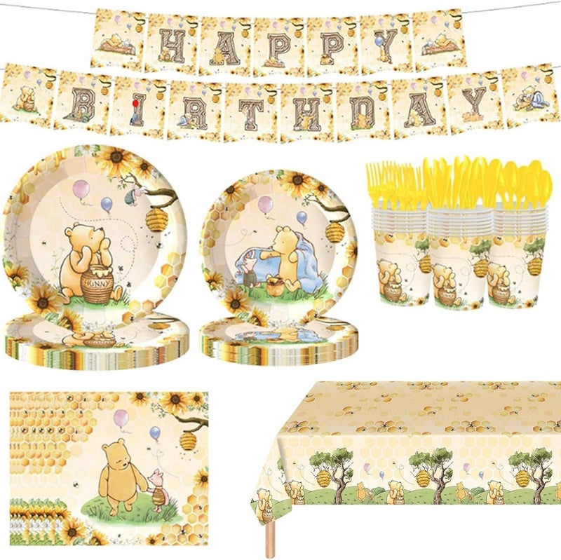 WISSLERMER 142pcs Classic Bear Baby Shower Decorations Baby Shower Party Tableware with Plates Napkin Forks Cups Banner And Tablecloth for Birthday Party Supplies Set Serves 20 Guests Yellow - Image 2