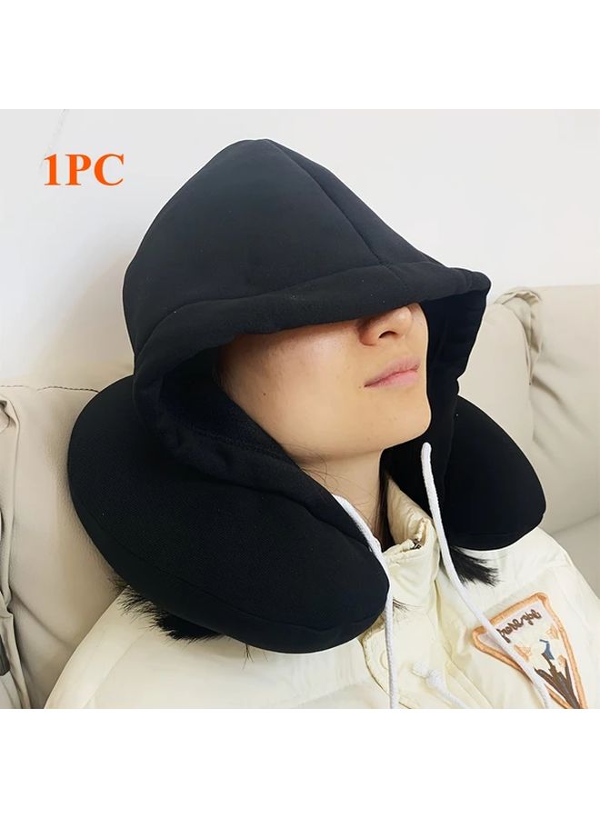 Ergonomic Travel Neck Pillow U Shaped Noise Reducing Hood Adjustable Strap Black - Image 4