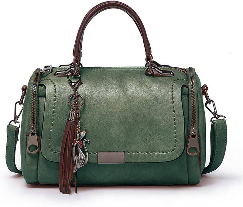 BABIES BLOOM Green Sling Crossbody Top Handle Hand Held Satchel Box Boston Bolso Bag for Women, Shoulder Tassel Handbag,Gift for Women, Retro PU Leather Woman Bag for Ladies - Image 1