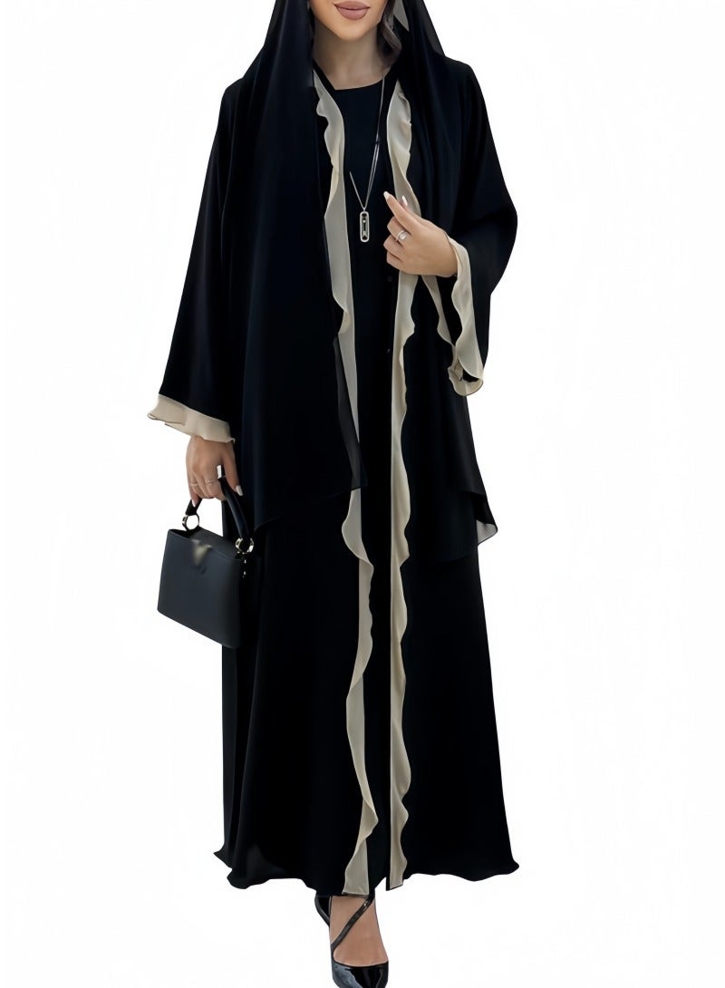 عباية سوداء أنيقة مفتوحة بتفاصيل كشكش ناعمة بلون متباين – ملابس نسائية محتشمة طويلة - Image 1
