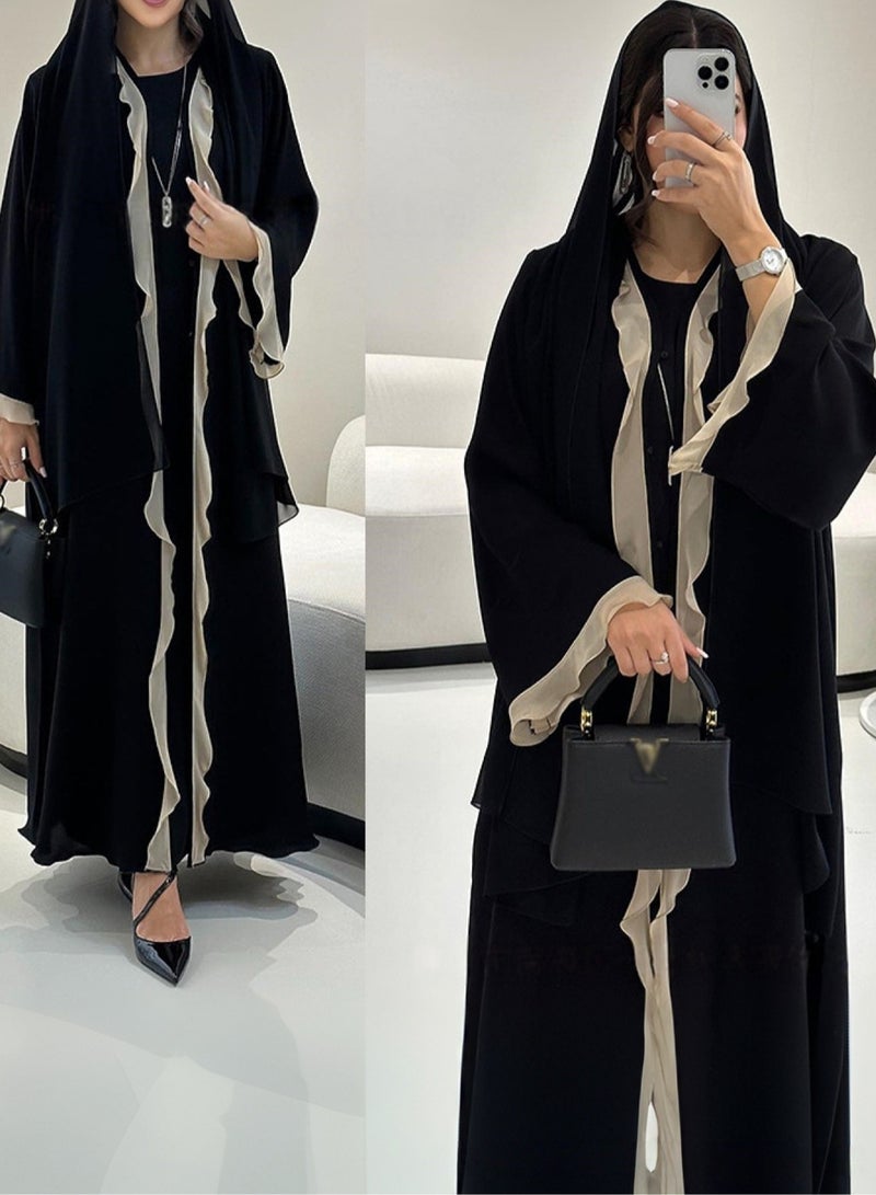 عباية سوداء أنيقة مفتوحة بتفاصيل كشكش ناعمة بلون متباين – ملابس نسائية محتشمة طويلة - Image 3