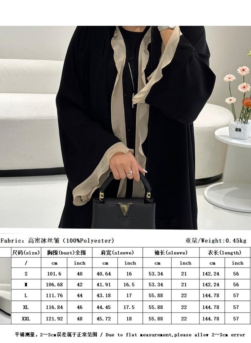 عباية سوداء أنيقة مفتوحة بتفاصيل كشكش ناعمة بلون متباين – ملابس نسائية محتشمة طويلة - Image 4