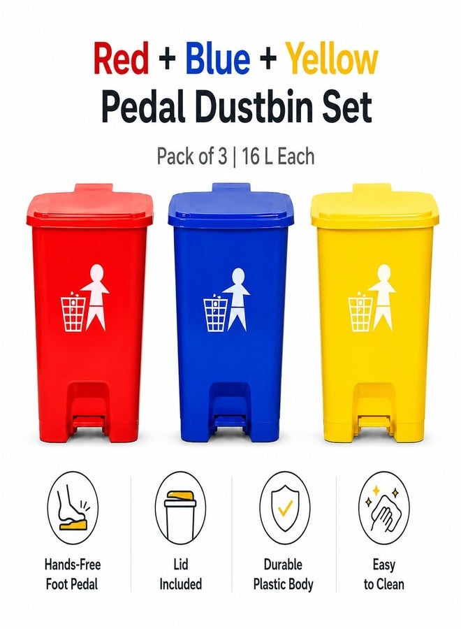 Ssanvi Plastic Bio-Medical Waste Pedal Dustbin Set, 10 L, Blue, Yellow, Red (3, Red, Blue, Yellow) - Image 5