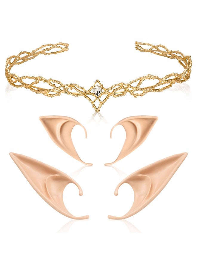 FRESHME Fairy Ears With Elf Crown Set 2 Pairs Soft Elf Ears With Gold Fairy Crown Set Pixie Headband Headpiece Kit Cosplay Costume Makeup For Halloween Renaissance Costume Dress Up - Image 1