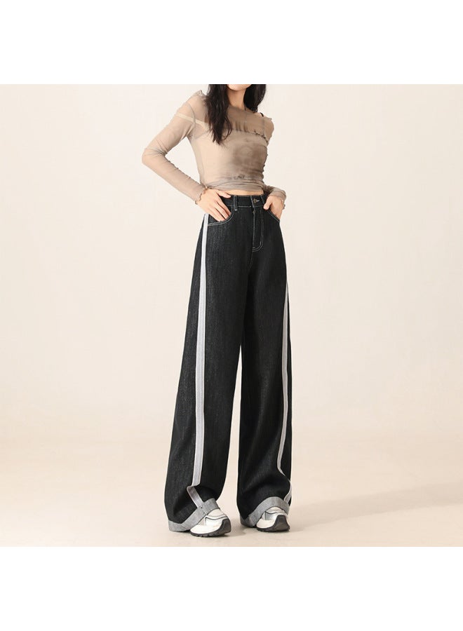 هابي بنطلون واسع الساق باللون الأسود للنساء في الخريف جديد مع تطريز متباين الألوان عالي الخصر فضفاض مظهر نحيف بنطلون مستقيم - Image 1