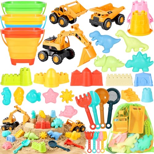 HUITEM Beach Toys for Kids 35PCS Sand Toys with 3 Collapsible Bucket3 Dump TruckBeach ShovelSand Castle Building KitOcean MoldsDinosaur Sand Molds 2 Mesh BagToddler Beach Essentials for Kids 310 - Image 1
