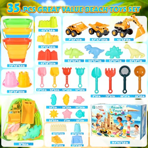 HUITEM Beach Toys for Kids 35PCS Sand Toys with 3 Collapsible Bucket3 Dump TruckBeach ShovelSand Castle Building KitOcean MoldsDinosaur Sand Molds 2 Mesh BagToddler Beach Essentials for Kids 310 - Image 5