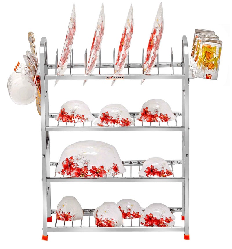 WINSTAR Stainless Steel 4 Shelf Wall Mount Kitchen Utensils Rack | Dish Rack with Plate & Cutlery Stand & Glass Holder | Modular Kitchen Storage Rack | (24 H X 18 L w/d Glass Holder, Tiered Shelf) - Image 2