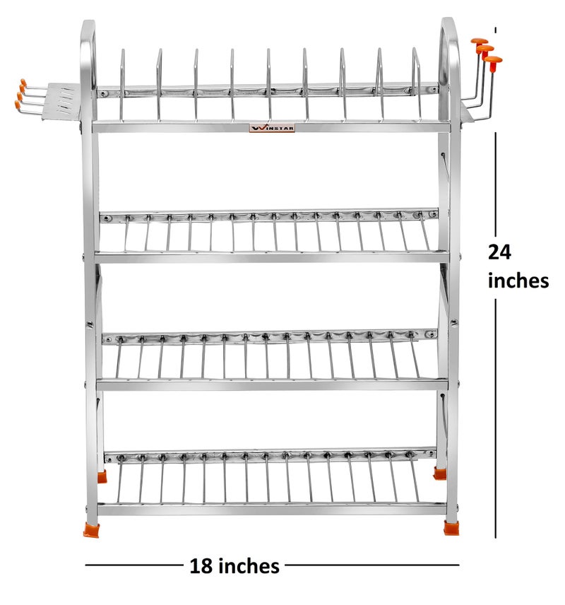 WINSTAR Stainless Steel 4 Shelf Wall Mount Kitchen Utensils Rack | Dish Rack with Plate & Cutlery Stand & Glass Holder | Modular Kitchen Storage Rack | (24 H X 18 L w/d Glass Holder, Tiered Shelf) - Image 3