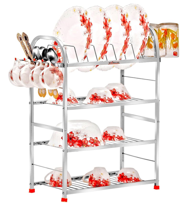 WINSTAR Stainless Steel 4 Shelf Wall Mount Kitchen Utensils Rack | Dish Rack with Plate & Cutlery Stand & Glass Holder | Modular Kitchen Storage Rack | (24 H X 18 L w/d Glass Holder, Tiered Shelf) - Image 1