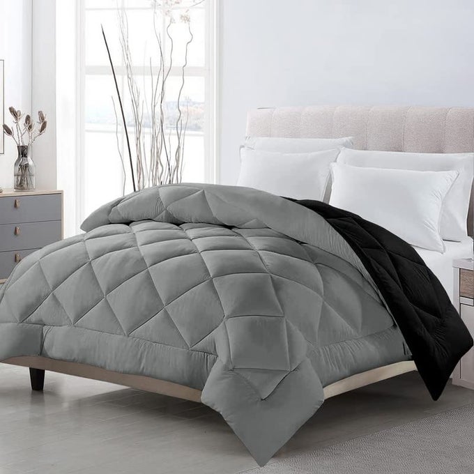 TUNDWALS MICROFIBER REVERSIBLE SOLID EXTRA COMFORT SOFT COMFORTERBLANKET DOUBLE BED 210 GSM QUILT GREY BLACK 1 PIECE