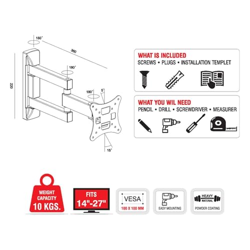 MX Heavy Duty TV Wall Mount for 14–27 Inch LED, LCD & Monitor Screens – Universal VESA Compatible Full Motion Bracket with Tilt, Swivel, 180° Rotation, Space-Saving Durable Stand - Image 4