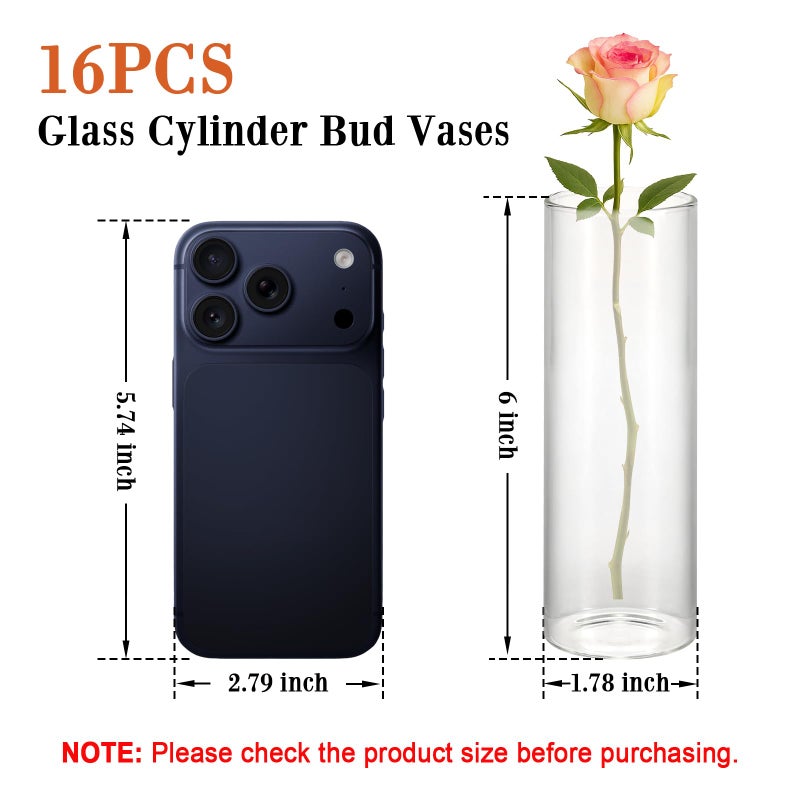 Tigvio 16 Pack 5.9" Tall x 1.8" Diameter Clear Glass Cylinder Vases - Multi-Use Flower Vase, Hurricane & Floating Candle Holders for Wedding Centerpieces, Home Decor, Table Displays - Image 2