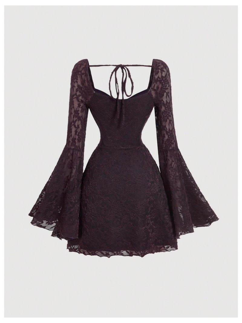 WDIRARA Women's Floral Jacquard Mesh Gothic Dress Bell Long Sleeve A Line Vintage Dresses Purple Large - Image 4