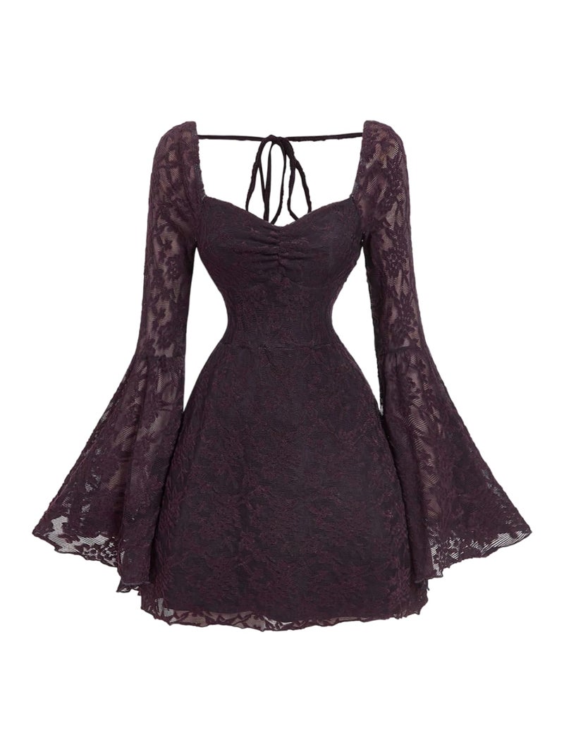 WDIRARA Women's Floral Jacquard Mesh Gothic Dress Bell Long Sleeve A Line Vintage Dresses Purple Large - Image 1