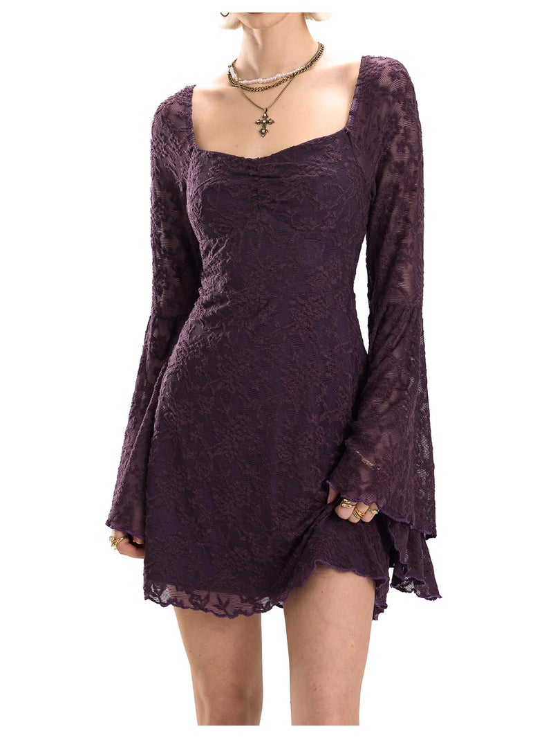 WDIRARA Women's Floral Jacquard Mesh Gothic Dress Bell Long Sleeve A Line Vintage Dresses Purple Large - Image 2