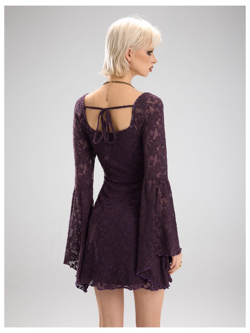 WDIRARA Women's Floral Jacquard Mesh Gothic Dress Bell Long Sleeve A Line Vintage Dresses Purple Large - Image 3