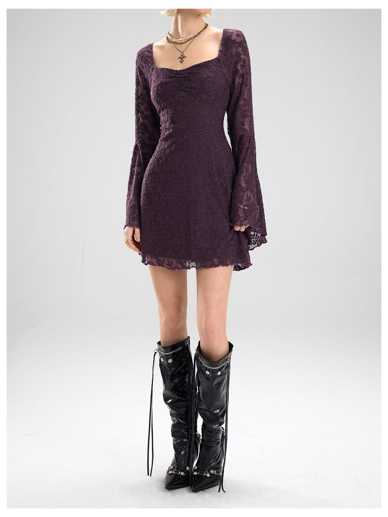 WDIRARA Women's Floral Jacquard Mesh Gothic Dress Bell Long Sleeve A Line Vintage Dresses Purple Large - Image 5