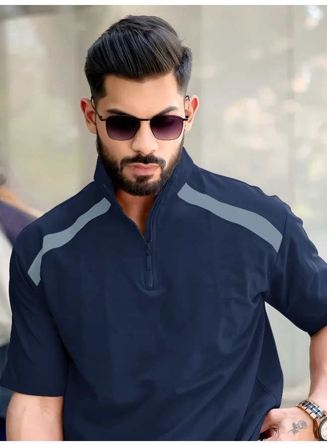 Maniac Maniac Men Solid Henley Neck 3/4th Sleeve Navy and Grey 3/4th Zipper Cotton T-Shirt