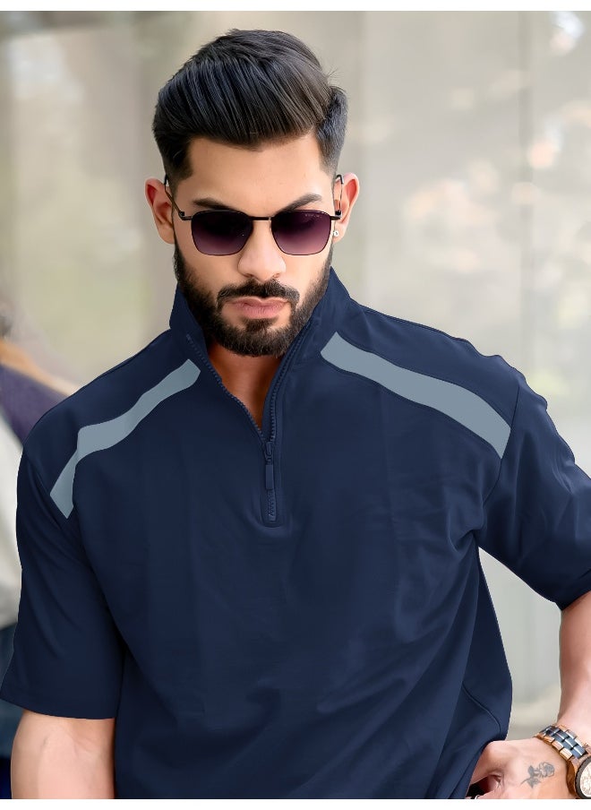 Maniac Maniac Men Solid Henley Neck 3/4th Sleeve Navy and Grey 3/4th Zipper Cotton T-Shirt  - Image 4