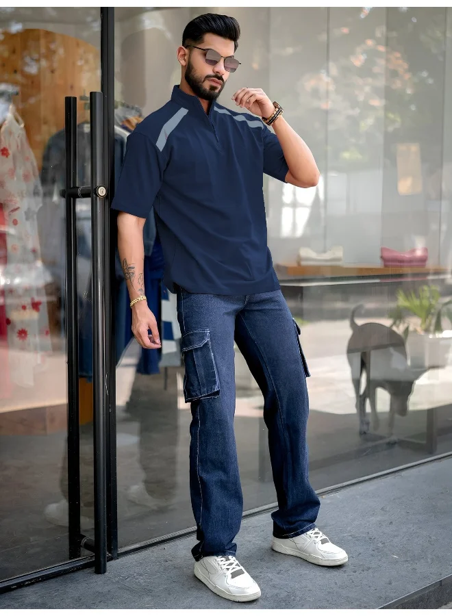 Maniac Maniac Men Solid Henley Neck 3/4th Sleeve Navy and Grey 3/4th Zipper Cotton T-Shirt