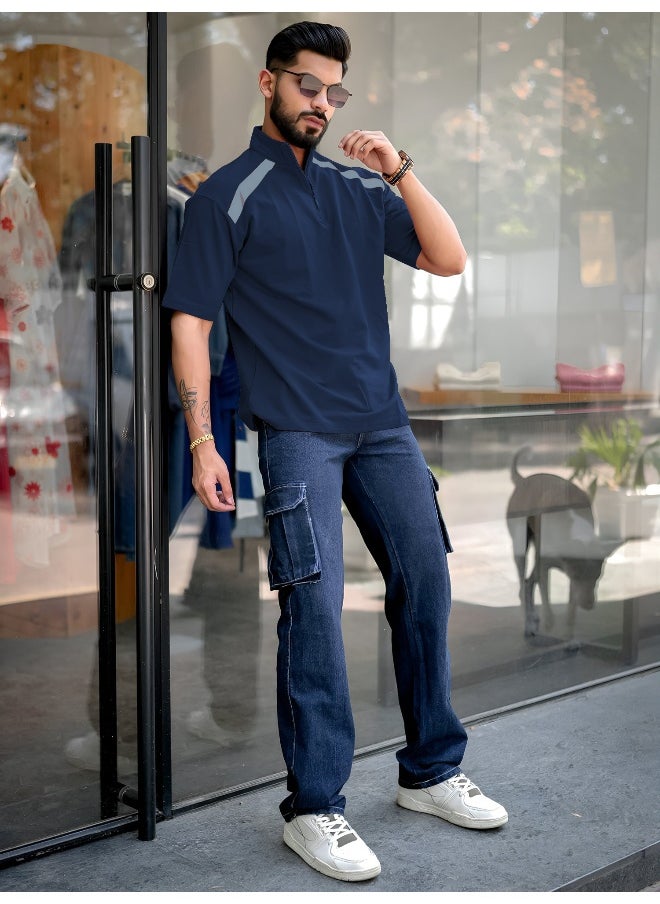 Maniac Maniac Men Solid Henley Neck 3/4th Sleeve Navy and Grey 3/4th Zipper Cotton T-Shirt  - Image 5