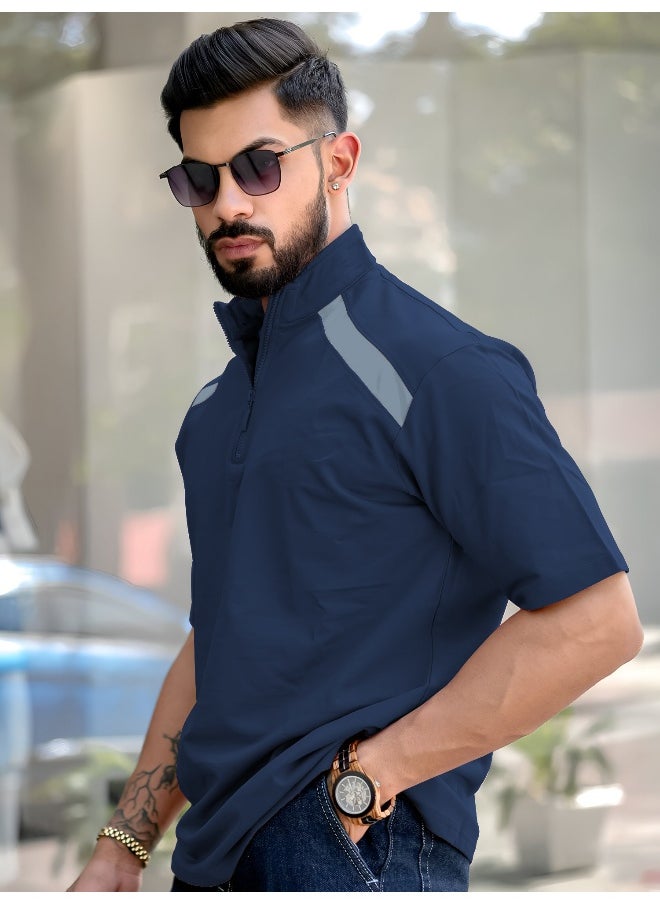 Maniac Maniac Men Solid Henley Neck 3/4th Sleeve Navy and Grey 3/4th Zipper Cotton T-Shirt  - Image 3