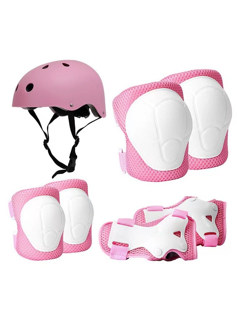 Roller Skating Protective Gear Children's Helmet Set for Riding Elbow Wristband Skateboard Skates Balance Bike Helmet Knee Pads 7 Pieces - Pink (S for 2-8years old) - Image 1