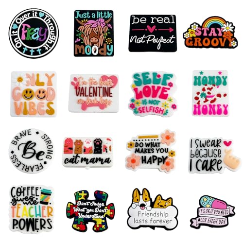 PEVOGON 16 Pcs Silicone Focal Bead Cute Loose Beads Accessory for DIY Keychains Bracelet Necklace Pens Lanyard Making Inspirational Words - Image 1