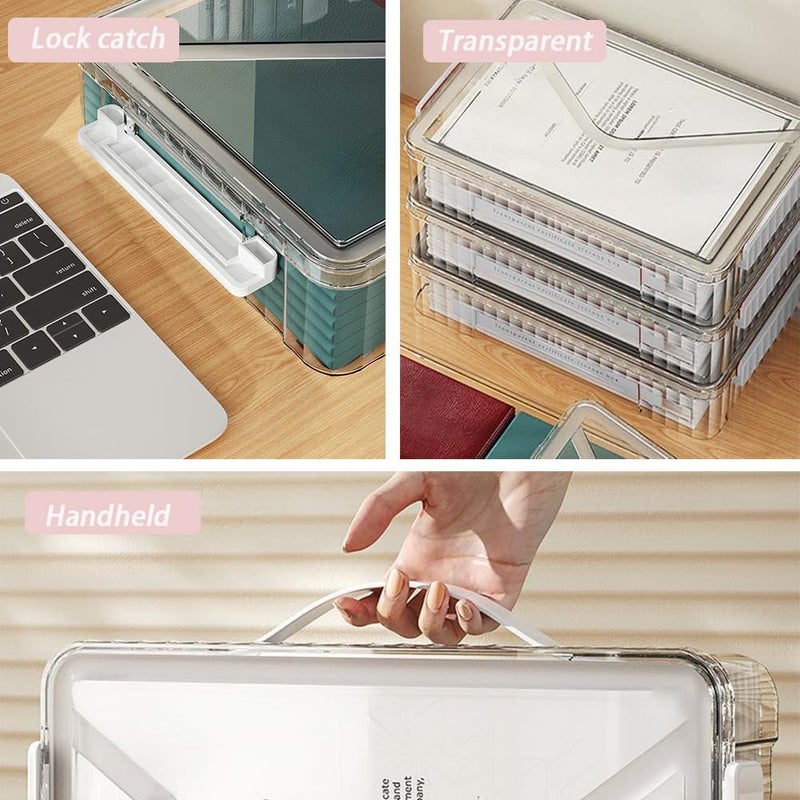RHONZHAO 2 Pack Clear Plastic File Storage Boxes with Latching Lids, Transparent Certificate Organizer, Portable Project Case for Drawers, Clear Stackable File Box for A4 Files (‎White Latches, Large) - Image 5
