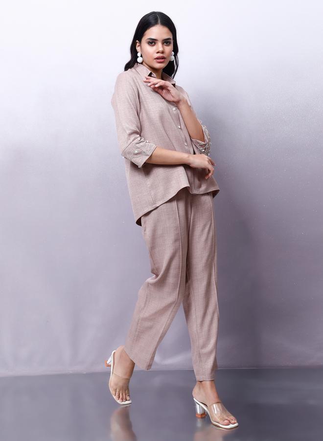 Athena Beige Embellished Shirt with Trousers Co-Ords - Image 4